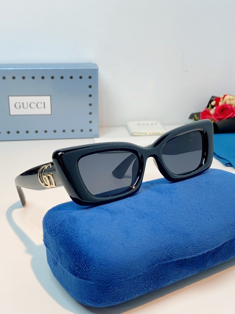 Gucci Black Rectangular Sunglasses with Gold Double-G Accent